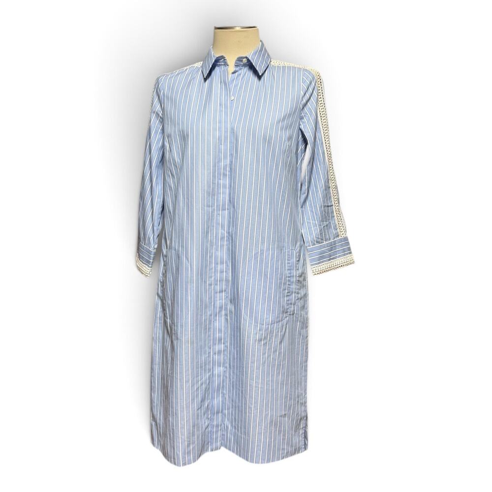 Etcetera Cotton Lace Button Up Shirt Shift Dress Blue White Stripe 4